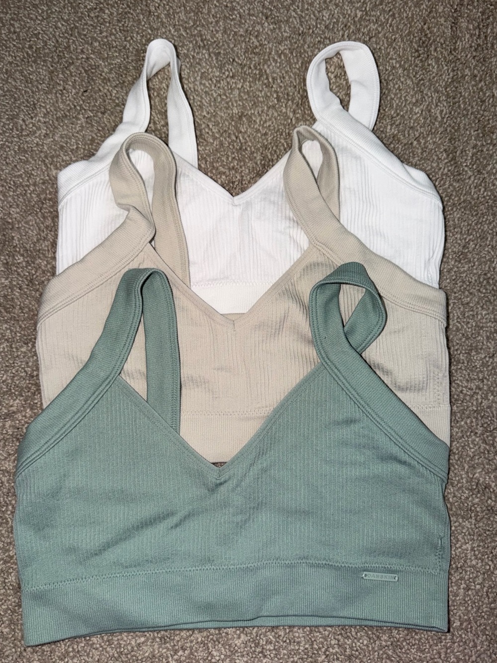 Danskin Ribbed V‑Neck Bralette Set in Sage, Beige & White